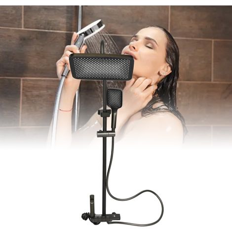 Cabezal de ducha con accesorio, efecto lluvia, montaje en pared, juego completo, termostático, negro y cobre, 4 tipos de chorro. (1/5)