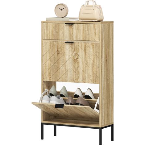 Schuhschrank für 8 Paar Schuhe mit Auszugsschublade, 2 Klappschubladen, verstellbaren Einlegeböden, 60 x 24 x 105,5 cm, Eiche