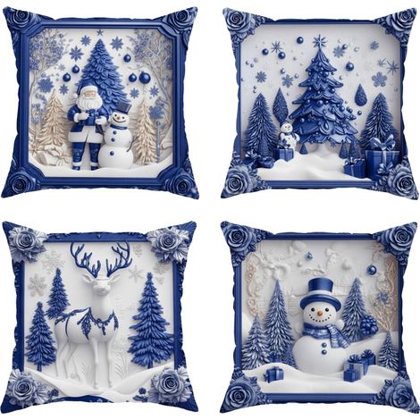 Lot de 4 housses de coussin décoratives de Noël élégantes à impressions 2D dorées pour lit canapé salon 45,7 x 45,7 cm (Blanc et Bleu) (1/5)