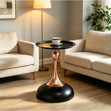 Table Basse Ronde, Plateau et Base en Métal, pour Salon et Chambre, 44 × 41 × 20 cm, Acier Carbone, Noir et Or (1/5)