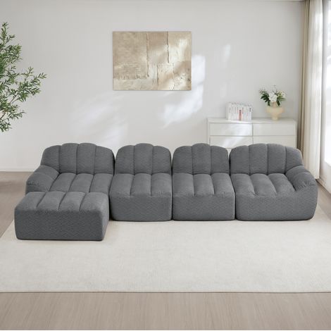 Divano modulare 4 posti con 1 ottomana, forma a conchiglia, schiuma 32D, grigio, REDOM (1/5)