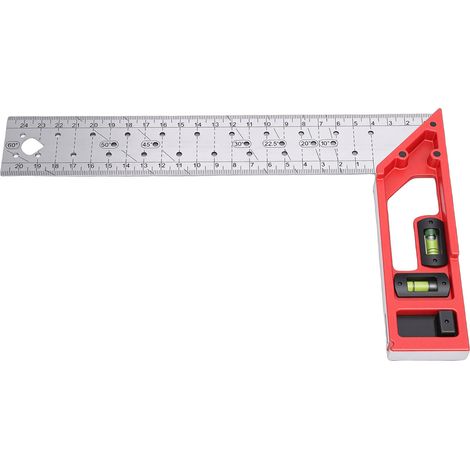 Équerre de menuisier 250 mm en acier inox et alu, règle traçage multi-angle précise avec niveau à bulle pour mesure et dessin (1/5)