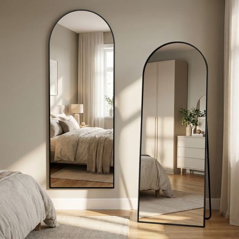 Miroir Arche Noir 164x54 cm – Grand Miroir de Plain-pied en Verre Trempé – Design Rétro Chic – À Poser ou à Fixer – Idéal Chambre & Salon