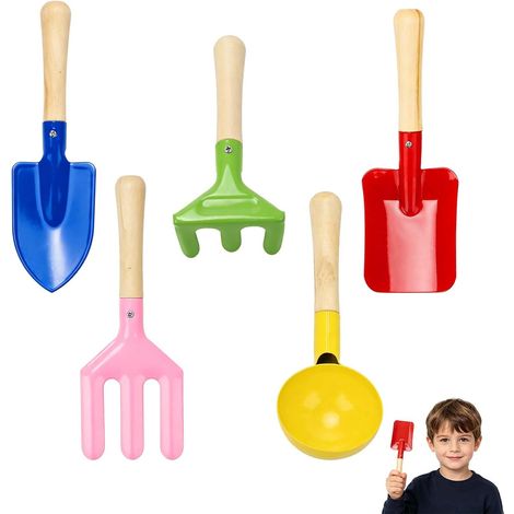 Lot de 5 outils de jardin pour enfants, petits outils de jardin à main avec pelle à plantes, jouet de plage pour enfants, cuillère, fourchette, louche, râteau pour jardin, terre, plantes en pot (1/5)