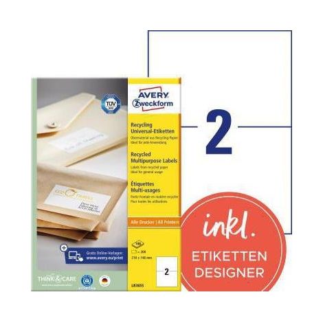 AVERY ZWECKFORM Universaletikett Avery Zweckform Recycling 210 x 148 mm (B x H) nicht wieder ablösbar 100 %Altpapier naturweiß 200 Etik./Pack. (1/4)