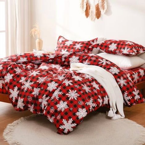 Housse De Couette - Motif Flocons De Neige Et Carreaux Buffalo Rouge - Microfibre Polyester - Taille Queen - 3 Pièces (1/5)