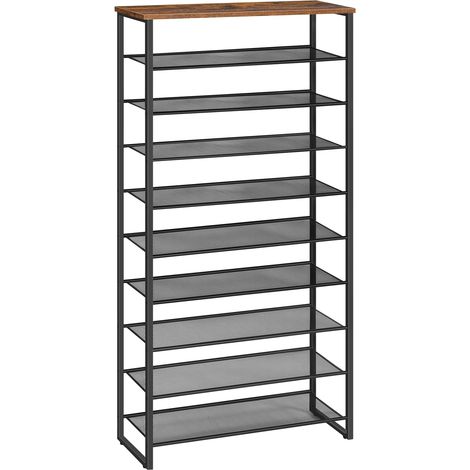Étagère à Chaussures à 10 Niveaux, Porte-Chaussures, Meuble de Rangement, pour 32-40 Paires, Gain de Place, pour Entrée, Salon, Chambre, Marron Rustique et Noir EBF107XJ01 (1/5)