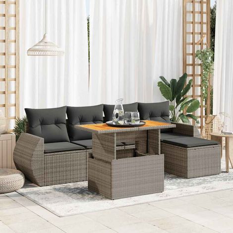 Ensemble de mobilier de jardin 6 pièces avec table modulable, sièges d'angle et repose-pieds en résine tressée gris avec coussins amovibles (1/5)