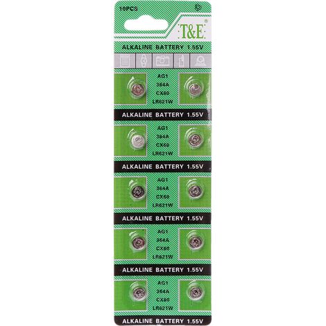 Lot de 10 piles bouton alcalines AG1 1,55 V 364 SR621SW LR621 621 LR60 CX60 pour montres et jouets