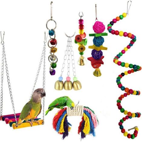 Juego de 7 juguetes para pájaros: campana, columpio, cuerda de madera, gancho de metal y jaula para loros/periquitos. (1/5)