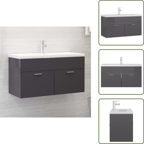 Lavabo in ceramica - vidaXL Mobile con Lavabo Integrato Grigio Lucido in Legno Multistrato - Armadietto con lavabo