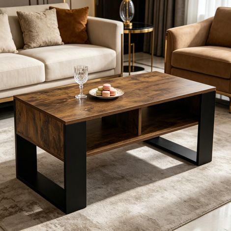 Table basse en bois noir et brun rustique 90 cm avec 2 niches ouvertes (1/5)