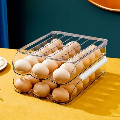 Transparent egg storage box, 21.5 x 28.5 x 14 cm, 2 tiers, stackable, refrigerator-safe egg holder with lid. (1/5)