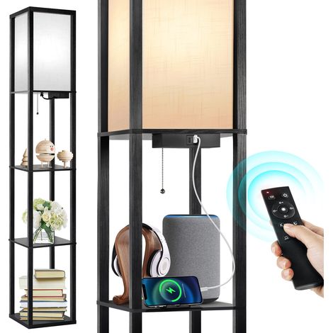 Lampadaire Salon avec Étagères, Dimmable, Télécommande, Noir 4 températures de couleur, minuterie 1H, LED, 2 ports USB, lampe sur pied, chambre (1/5)