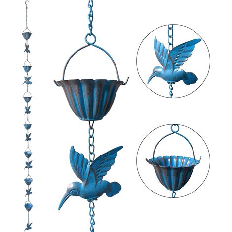 Cadena decorativa para recoger la lluvia [2,4 m] con colibrí y campana para uso exterior. (1/5)