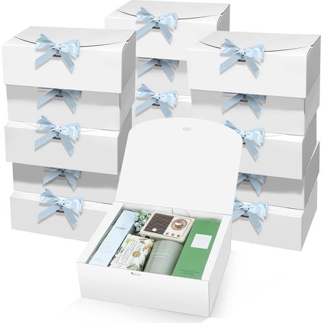 LATERN 15 Pièces Coffrets Cadeaux avec Couvercles, 25CM x 20CM x 10CM Blanc Boîte-Cadeau en Papier Kraft Boîte de Proposition de Demoiselle D’Honneur avec Ruban Bleu pour Mariage Anniversaire Noël (1/4)
