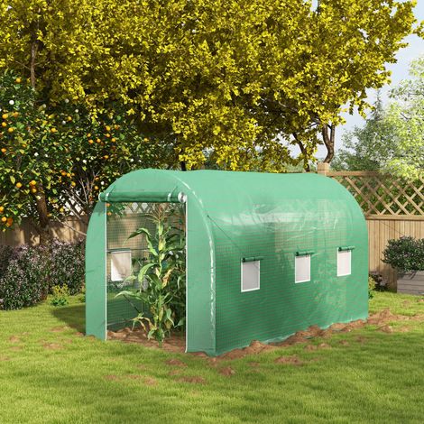 Serra a tunnel, superficie 8 m², 4 m L x 2 m P x 2,05 m H, struttura tubolare, porta con cerniera, 6 finestre avvolgibili, verde