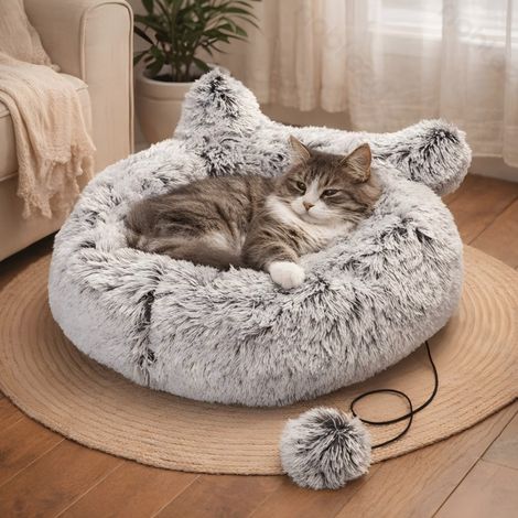 Panier pour chat avec peluche et animal en peluche, panier rond et confortable (1/3)