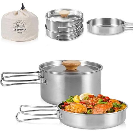 Kit de Casseroles Camping, Portable Camping avec Poignée Pliable Batterie Cuisine de Camping en Acier Inoxydable Set Casserole Camping Plein Air pour Randonnée (1/5)
