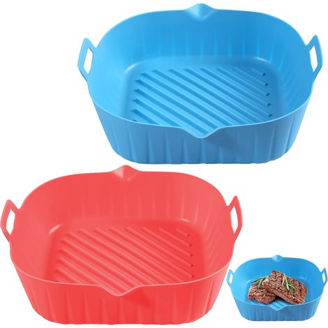 Paquete de ollas de silicona para freidora de aire, canasta de silicona cuadrada de 8 pulgadas para freidora de aire, adecuada para 4-7 cuartos de galón, reutilizable y segura para alimentos (azul + r