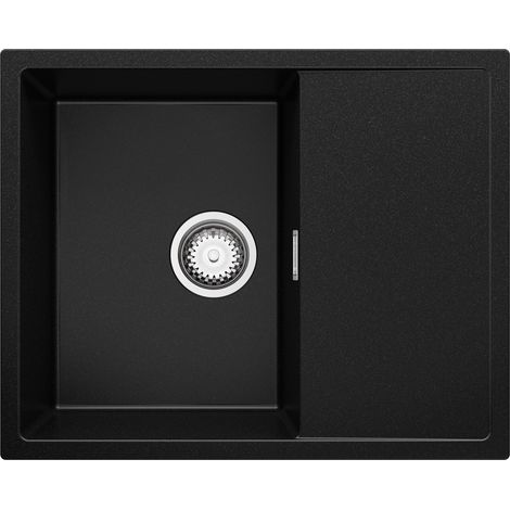 PRIMAGRAN Evier Cuisine en Granit 62x50cm, Lavabo 1 bac + Kit de Vidage, Évier à Encastrer au meuble 45cm - Ibiza, Noir (1/5)