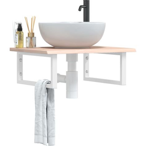 Estante de lavabo de pared de acero y madera maciza de roble