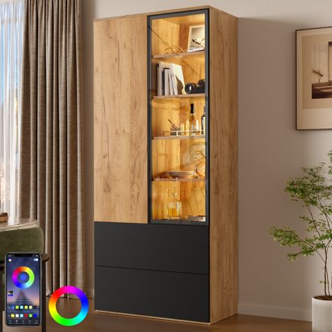 Vitrine noire et naturelle avec LED, portes en verre et bois, 2 tiroirs et 6 étagères réglables, 70x35x160 cm (1/5)