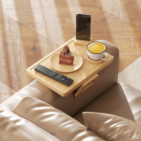 Plateau pliable et flexible en bambou pour accoudoir de canapé, avec porte-gobelet amovible et support de téléphone pivotant