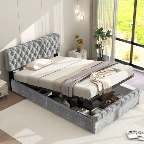Polsterbett 90200 mit Lattenrost und Kopfteil, Jugendbett, Polsterbett mit hhenverstellbares Kopfteil, f¨¹r Erwachsene & Jugendliche, Holzlattenunterst¨¹tzung, Schneeflockensamt, grau (1/5)