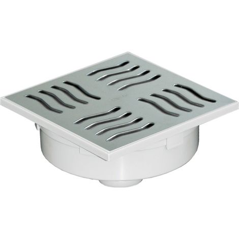 First Plast – Siphonette 150x150mm sortie verticale Ø50 – Hauteur 75mm – Débit 63L/min – Grille inox pour intérieur et extérieur