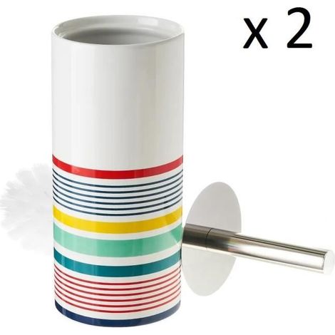 Lot de 2 brosse de toilette WC avec support, porte brosse WC en céramique avec rayures multicolore - Diamètre 10 x Hauteur 32 cm (1/4)