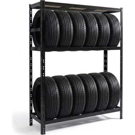 Relaxdays tyre rack for 12 tyres, HxWxD 180x120x40 cm, 450 kg, steel, plug-in system, workshop storage, black (1/5)