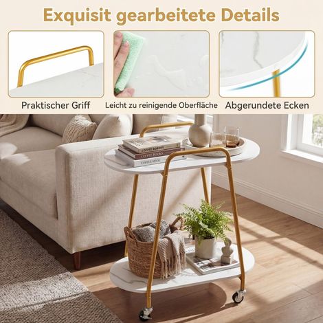 Table d'appoint roulante blanche à 2 niveaux avec plateaux effet marbre et roulettes freinées pour chambre, salon et bureau (1/5)