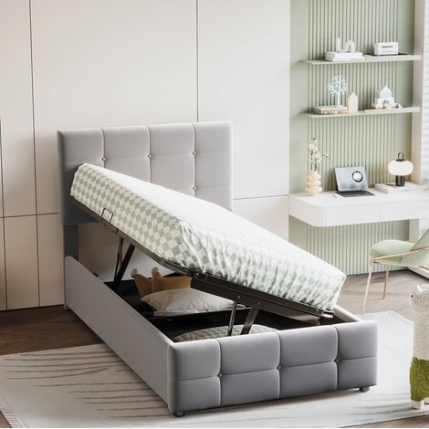 Lit simple capitonné 90x200 cm – Lit coffre avec rangement hydraulique – Tête de lit réglable – Cadre en MDF et métal – velours gris (1/5)