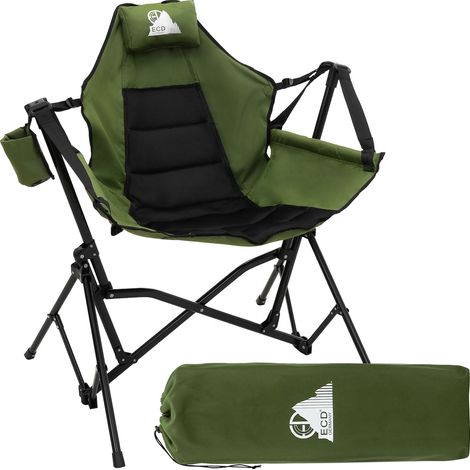 ECD Germany Campingstuhl faltbar, Schaukelstuhl Khaki, Klappstuhl mit Stahlgestell, Getränkehalter, Nackenkissen & Tasche, Verstellbare hohe Rückenlehne, Faltstuhl für Outdoor Camping Angeln & Garten