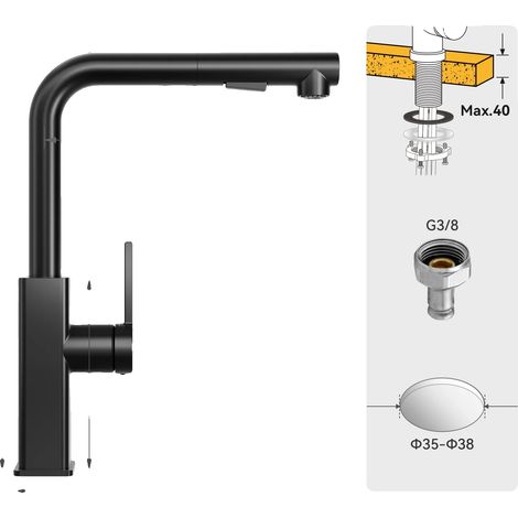Grifo de cocina con caño extraíble, de acero inoxidable duradero, color negro mate, G3/8 (1/2)