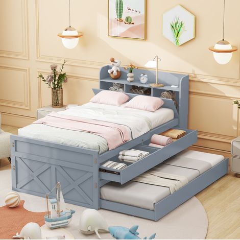 MEUBLIV Letto 90x190 cm grigio – letto estraibile con cassetti e USB, senza materasso (1/5)