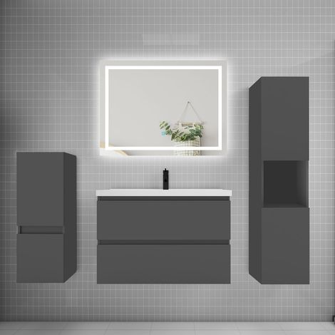 Ensemble meuble de salle de bain 80cm, vasque + colonne + LED miroir,anthracite (1/5)