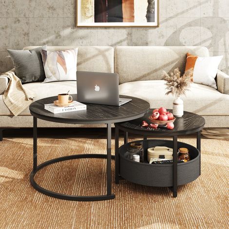Ensemble de 2 tables basses rondes WLIVE, table d'appoint avec panier en tissu, structure en métal et plateau en bois, idéale pour le salon et le balcon, noir anthracite (1/5)