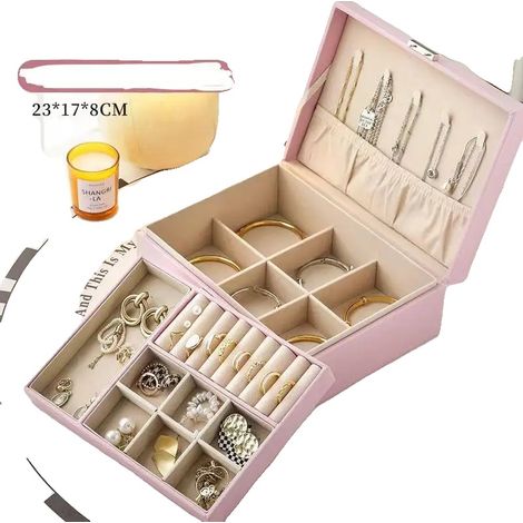 Caja para guardar joyas, elegante forma redonda, materiales duraderos, color rosa sencillo. (1/2)