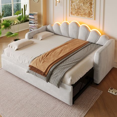 Lit banquette 90x200 cm tête coquillage avec lit gigogne LED velours gris clair