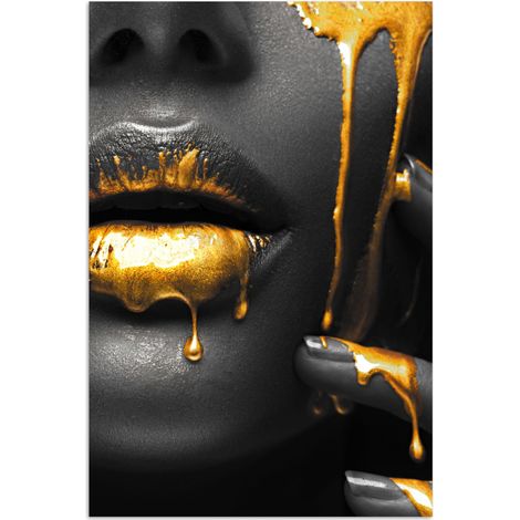 AFFICHE Femme - Noir - Or - Visage - Lèvres Decoration Murale Peinture 40x60 cm (1/4)
