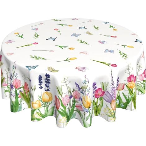 Nappe ronde - Nappe ronde Ø180cm - Nappe lavable - Nappe d'extérieur - Décoration de table - Chemin de table - Nappe ronde printanière - Fleurs et papillons - Infroissable et antitache - Idéale pour l (1/5)