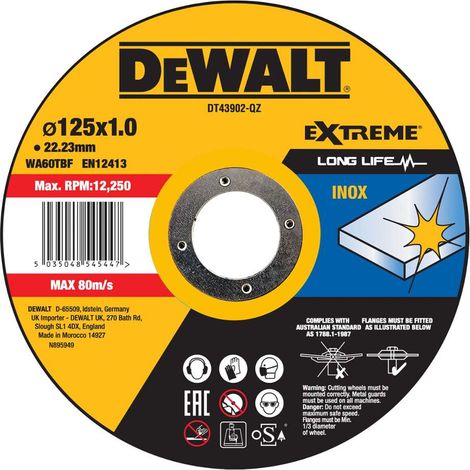 Dewalt – Disque à tronçonner 125mm – Épaisseur 1mm – Pour acier inoxydable – Fibre de verre renforcée – Lot de 1 pièce