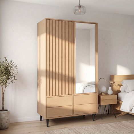 Armoire 200 cm avec miroir et 2 portes, 4 tiroirs, penderie avec tringle et 4 étagères, meuble de rangement moderne en MDF et acier, effet chêne (1/5)