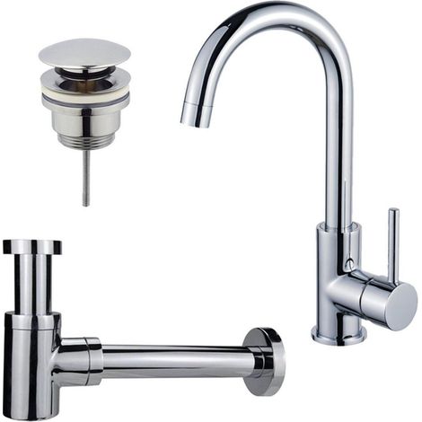 Fortifura Calvi Kit robinet lavabo - robinet haut - bec rotatif - bonde clic clac - siphon design bas - Chrome brillant