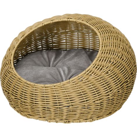 Katzenversteck mit waschbarem Kissen, bis 4 kg, für den Innenbereich, synthetisches Rattan, Ø 50 x 31 cm, hellbraun