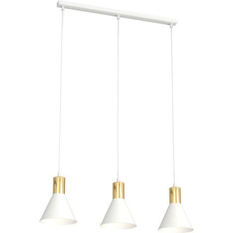Lampadario 3 Luci Rosa In Acciaio Bianco E Paralumi Conici Bianco E Oro