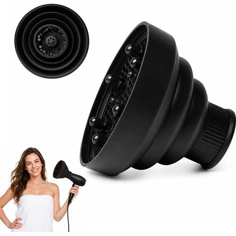 Diffuseur de Cheveux Universel, Diffuseur Cheveux Bouclés, Pliable, Portable Convient pour Séchoir, Embout Sèche-Che veux en Silicone(Noir) (1/5)