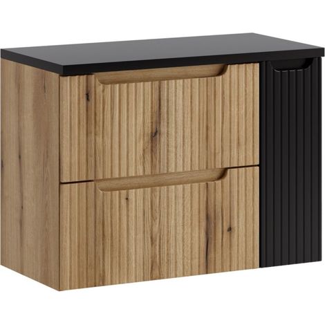 Schwebendes Badezimmer-Set VANO in hellem Eichen- und Schwarz 80cm: Unterschrank mit Schubladen und Schränken + Waschtischplatte
